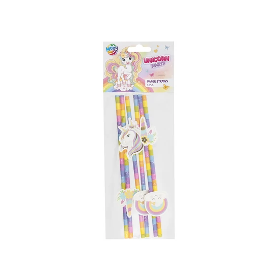 Unikornis papírszívószál, 19,5 cm, 6 db