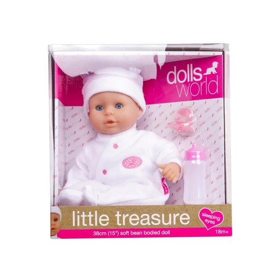 Little Treasure babzsákos baba fehér ruhában - 38 cm